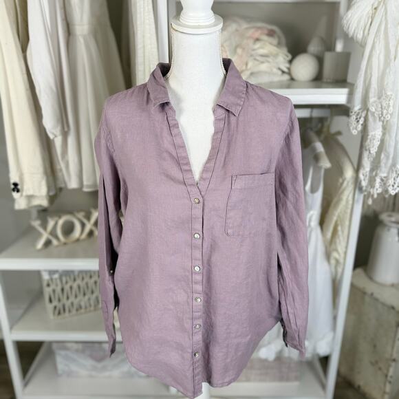 Sigrid Olsen Tops - Sigrid Olsen Women's 100% Linen Lavender Button Up Tab Sleeve Blouse #3594